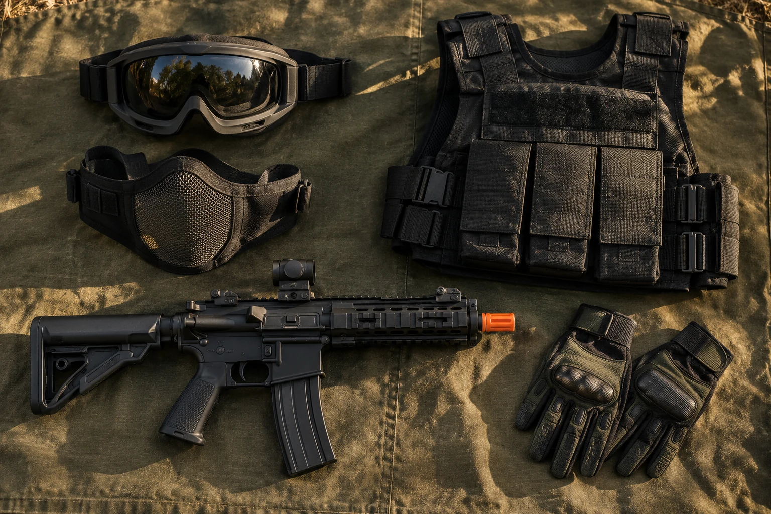 Illustrative airsoft kit laid out for a game day